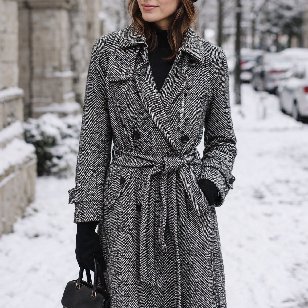 Herringbone Tie-Waist Long Pea Coat Trench Coat - Black & White/ Grey